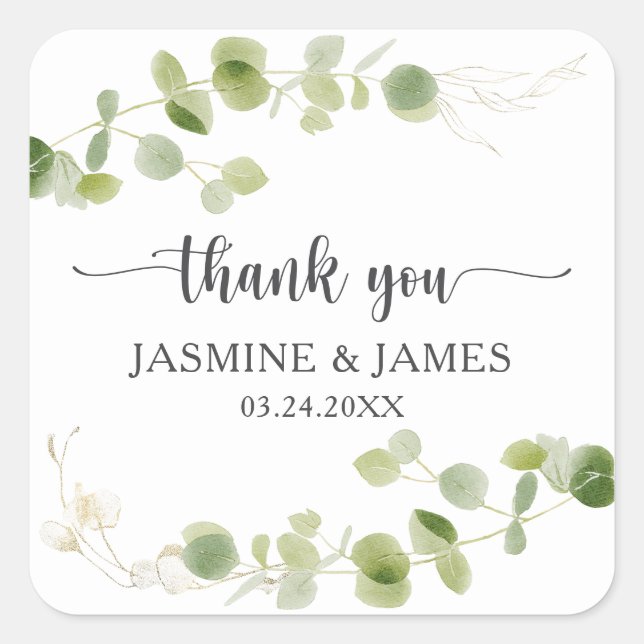 Rustic Eucalyptus Greenery Wedding Thank You Quadratischer Aufkleber (Vorderseite)