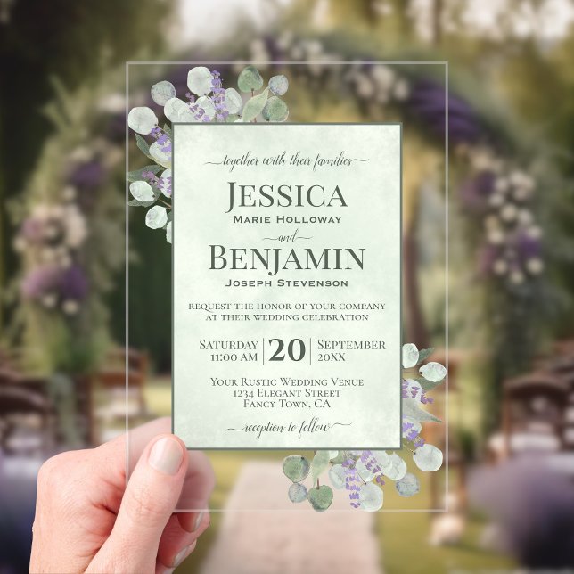 Rustic Eucalyptus & Lavender Stylish Text Wedding Acryleinladungen (Clear Acrylic with Rectangle Cut)