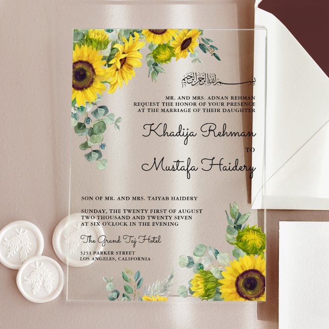 Rustic Eucalyptus Sunflower Islamic Muslim Wedding Acryleinladungen (Von Creator hochgeladen)