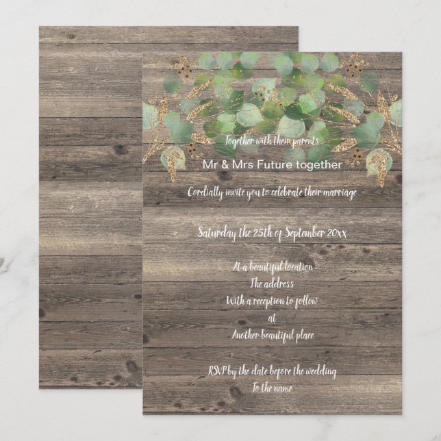 RUSTIC EUCALYPTUS TIMBER WEDING INVITATION EINLADUNG (Vorne/Hinten)