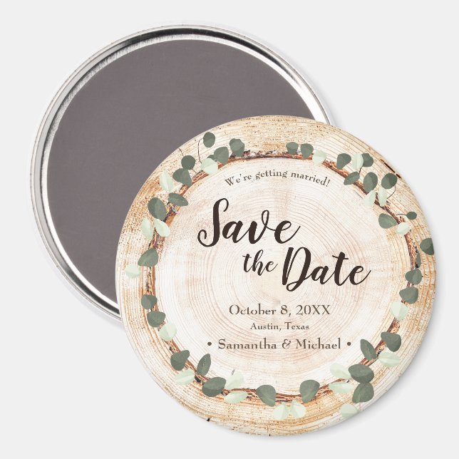 Rustic Eucalyptus Wood Slice wedding magnet (Recto/Verso)