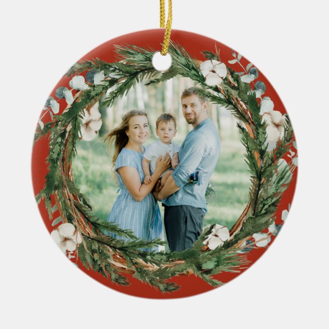 Rustic Eucalytus and Pine Wreath Christmas Photo Keramik Ornament (Vorne)