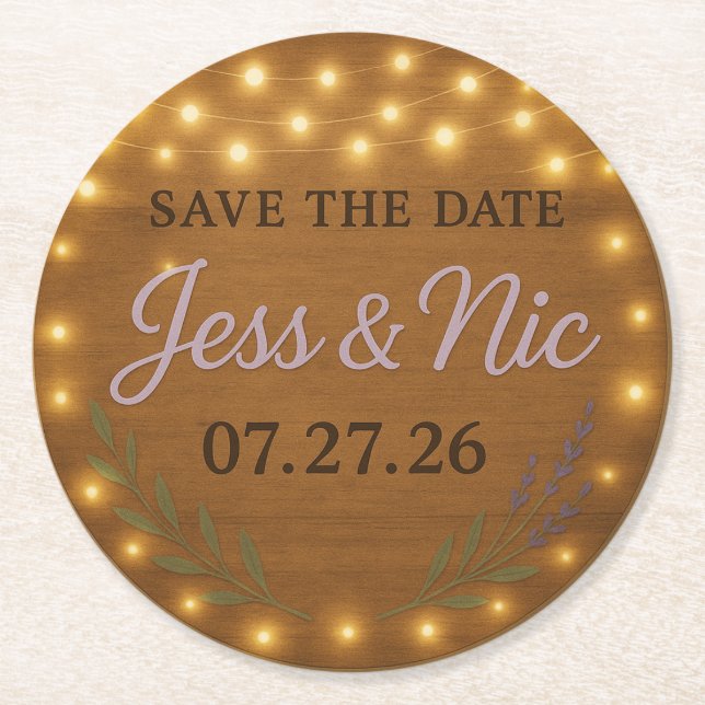 Rustic Fairy Light Save the Date Coaster   Runder Pappuntersetzer (Vorderseite)