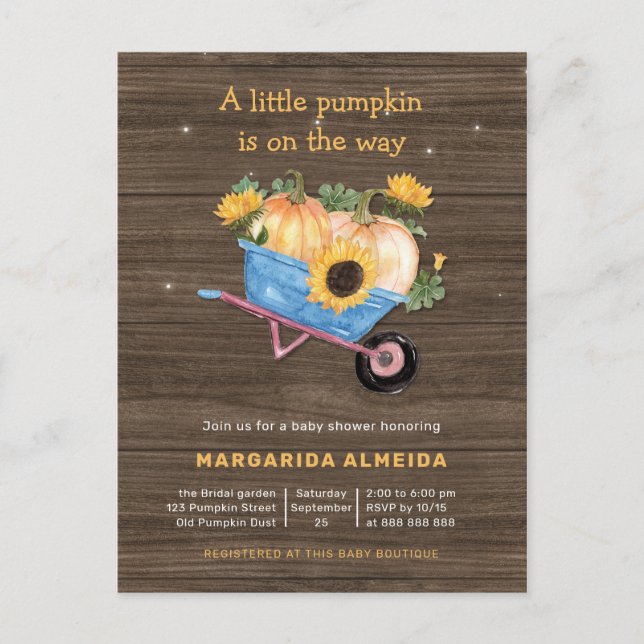 Rustic Fall Baby Shower Boy Little Pumpkin Herbst Einladungspostkarte (Vorderseite)