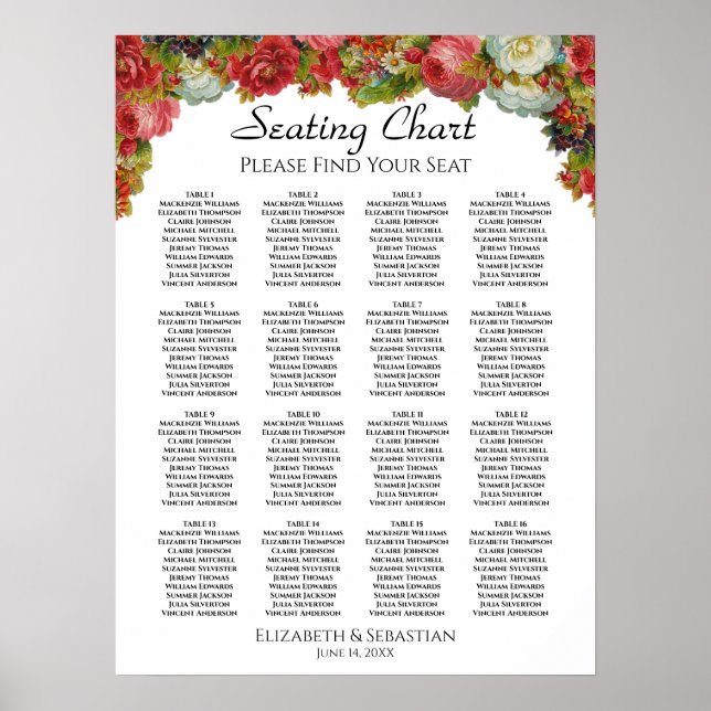 Rustic Fall Floral 16 Table Wedding Seating Chart Poster (Vorne)