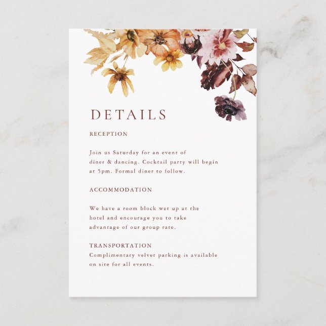 Rustic Fall Floral Boho Hochzeit Begleitkarte (Vorderseite)
