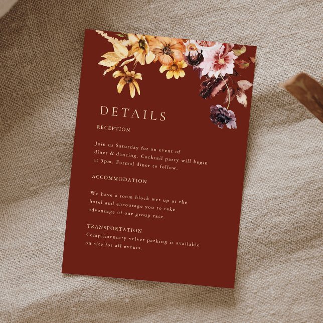 Rustic Fall Floral Burgundy Wedding Details Card Begleitkarte (Von Creator hochgeladen)