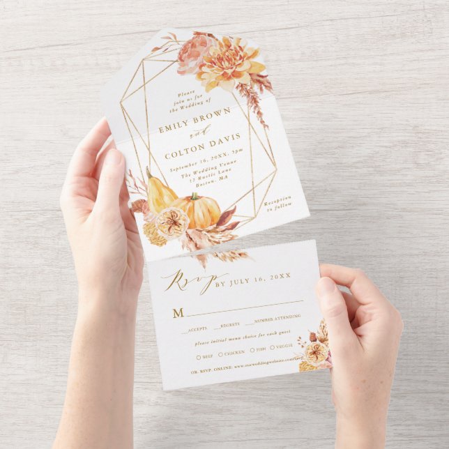 Rustic Fall Floral Pumpkin Geometric Wedding Gold All In One Einladung (Abreißen)