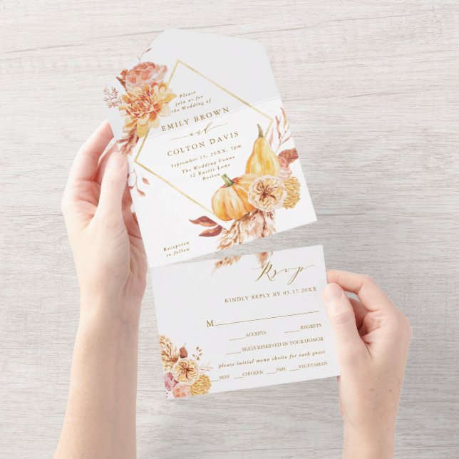 Rustic Fall Floral Pumpkin Gold Wedding  All In One Einladung (Abreißen)