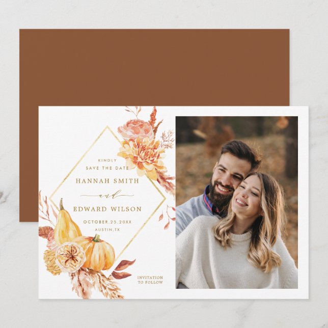 Rustic Fall Floral Pumpkin Hochzeit Foto Gold Save The Date (Vorne/Hinten)