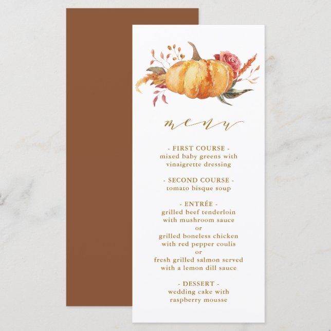 Rustic Fall Floral Pumpkin Hochzeit Gold Script Menükarte (Vorne/Hinten)