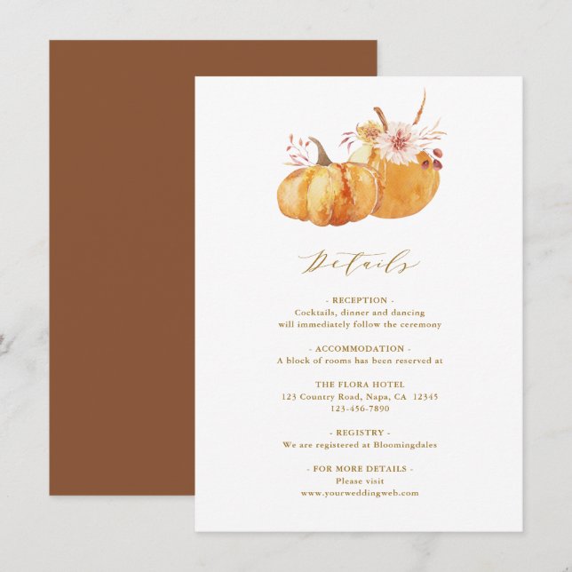 Rustic Fall Floral Pumpkin Hochzeitsdetails Gold Begleitkarte (Vorne/Hinten)
