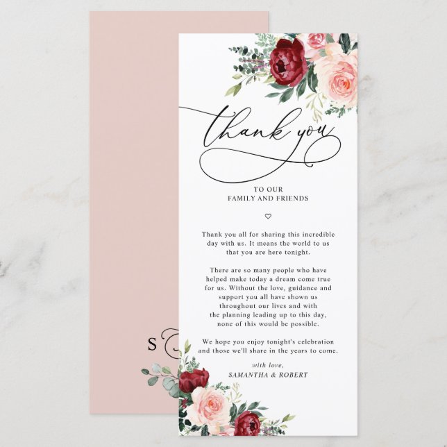 Rustic Fall Floral Wedding Danke Letter Card Menükarte (Vorne/Hinten)