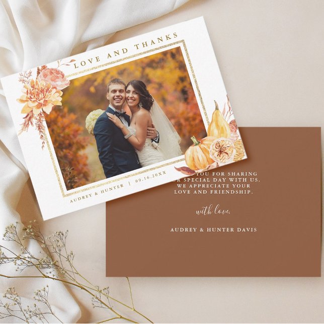 Rustic Fall Floral Wedding Gold Frame Foto Dankeskarte (Front & Back)