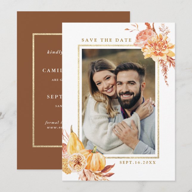 Rustic Fall Floral Wedding Gold Frame Foto Save The Date (Vorne/Hinten)