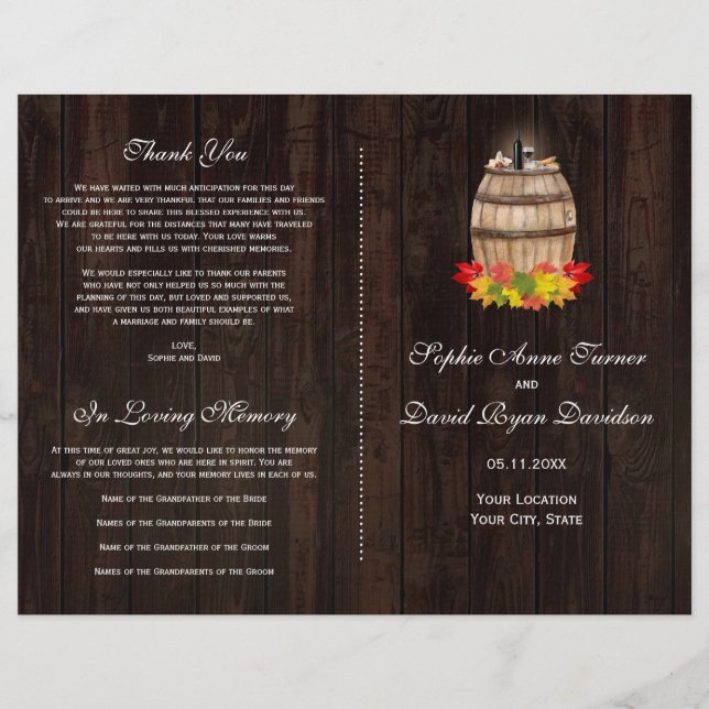 Rustic Fall Foliage Wine Barrel Hochzeitsprogramm (Vorne)