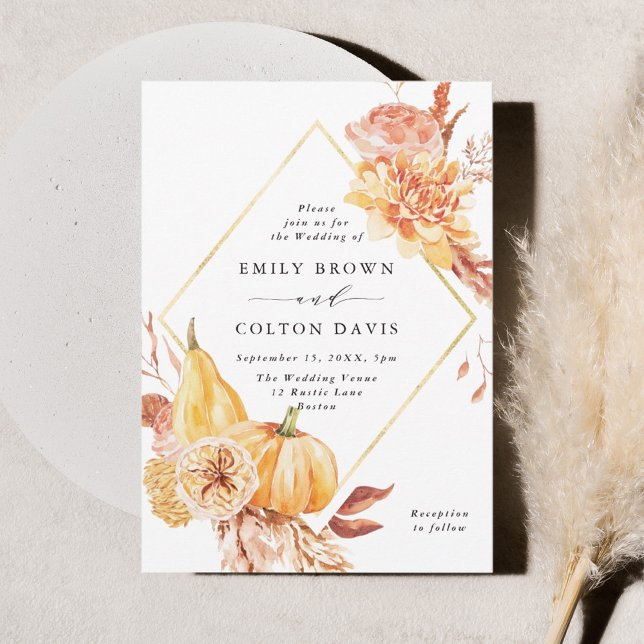 Rustic Fall Gold Floral Pumpkin Hochzeit Einladung (Von Creator hochgeladen)