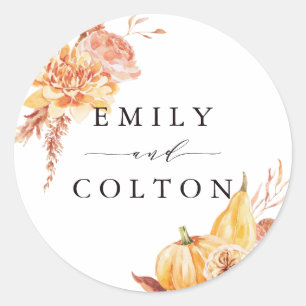 Rustic Fall Gold Floral Pumpkin Hochzeit Runder Aufkleber