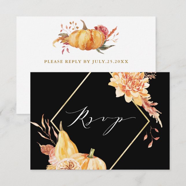 Rustic Fall Gold Floral Pumpkin Wedding Black RSVP Karte (Vorne/Hinten)