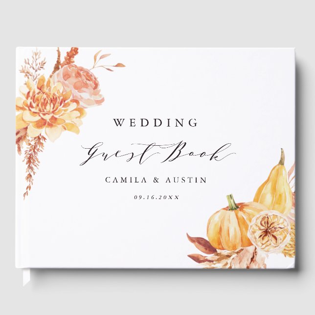 Rustic Fall Gold Floral Pumpkin Wedding Gästebuch (Vorderseite)