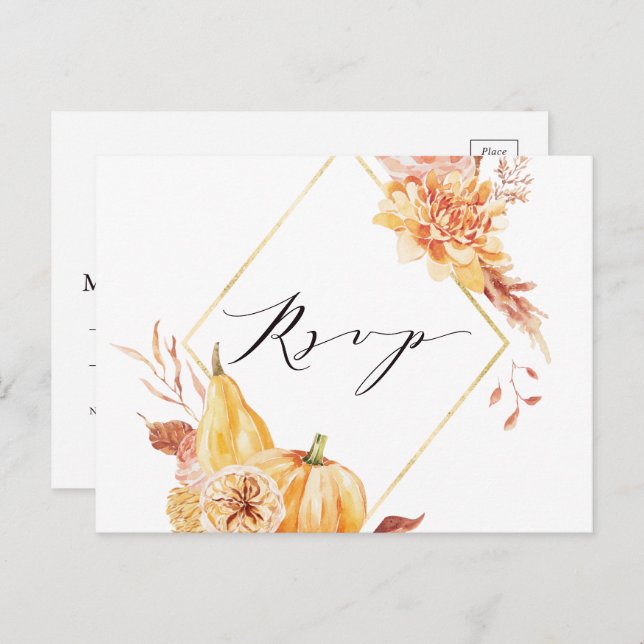 Rustic Fall Gold Floral Pumpkin Wedding RSVP Postkarte (Vorne/Hinten)