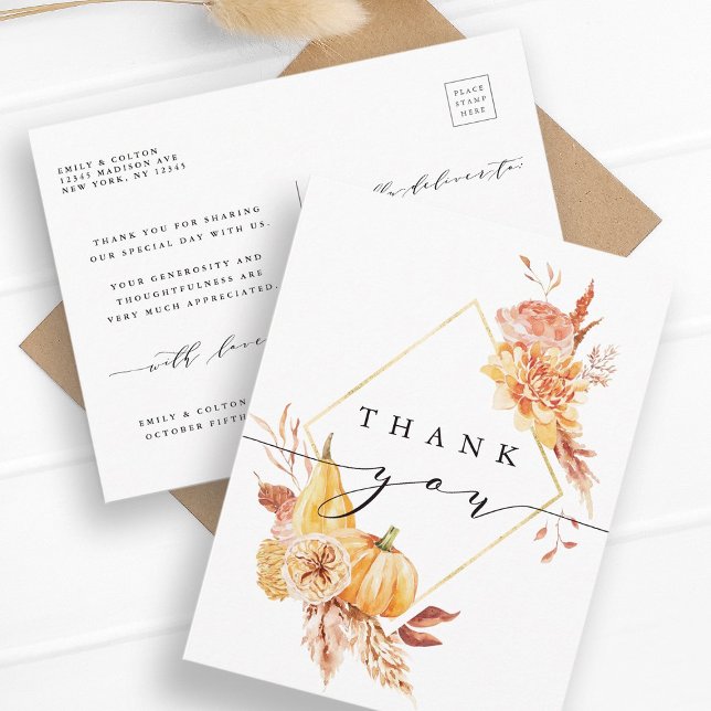 Rustic Fall Gold Floral Wedding Vielen Dank Postkarte (Front & Back)