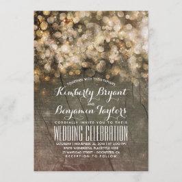 Rustic Fall Gold Glitzer Lights Wood Wedding Einladung