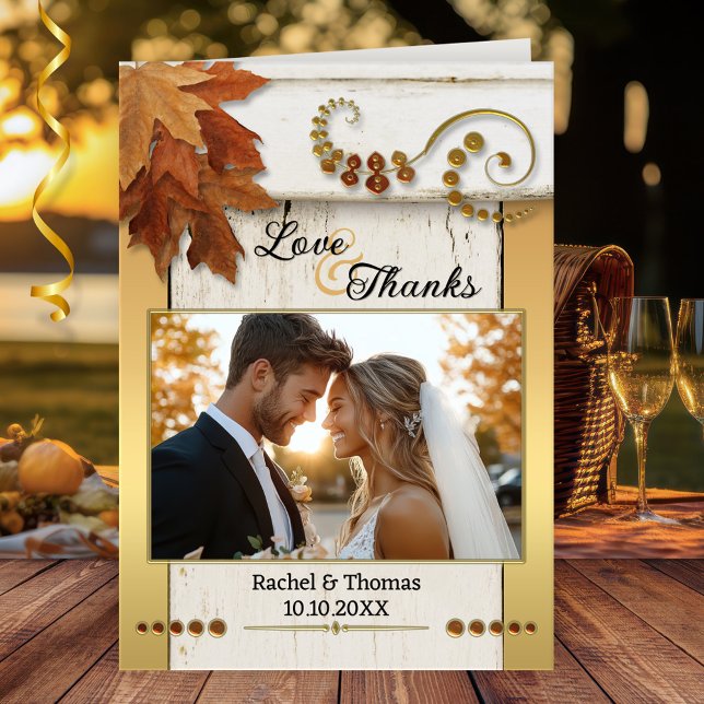 Rustic Fall Leaves Wedding Photo Thank You Card Dankeskarte (Rustic wedding Thank You photo note card featuring colorful leaves on rustic wood with gold)