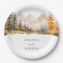 Rustic Fall Mountain Pine Forest Wedding Pappteller