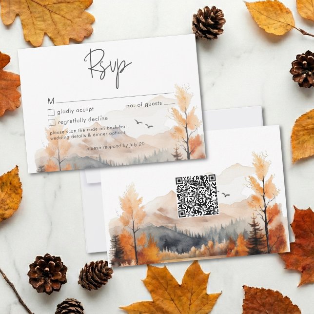Rustic Fall Mountain Scene Watercolor QR Code RSVP Karte (Von Creator hochgeladen)