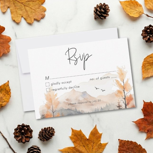 Rustic Fall Mountain Scene Watercolor QR Code RSVP Karte (Von Creator hochgeladen)