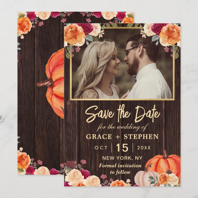 Rustic Fall Pumpkin Blütenhochzeit retten das Datu Save The Date (Vorne/Hinten)