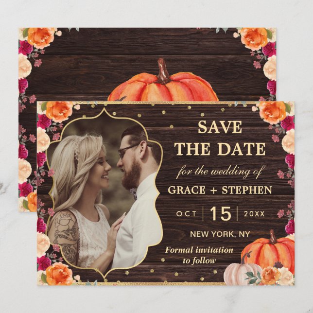 Rustic Fall Pumpkin Blütenhochzeit retten das Datu Save The Date (Vorne/Hinten)