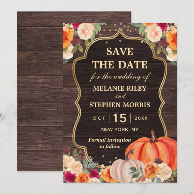 Rustic Fall Pumpkin Blütenhochzeit retten das Datu Save The Date (Vorne/Hinten)