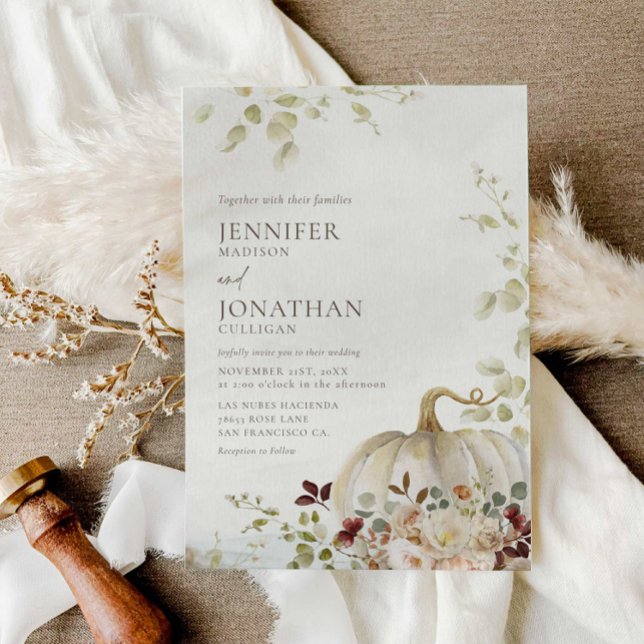 Rustic Fall Pumpkin Floral Wedding Foto Einladung (Fall Rustic Photo Wedding Invitation)