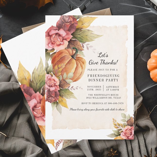 Rustic Fall Pumpkin Lasse Danke an die Freunde Einladung (Fall Pumpkin Thanksgiving Floral Friendsgiving Dinner Party Invitation)
