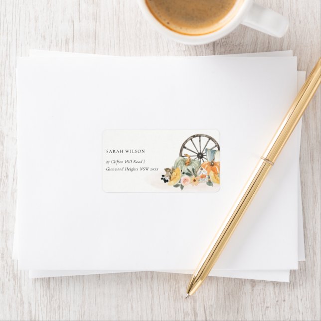 Rustic Fall Pumpkin Leafy Floral Wheel Adresse Adressaufkleber (Insitu)