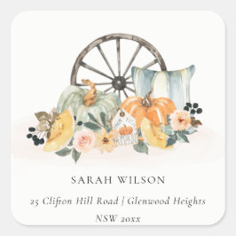 Rustic Fall Pumpkin Leafy Floral Wheel Adresse Quadratischer Aufkleber
