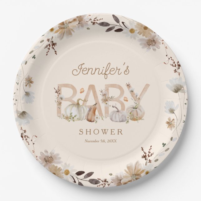 Rustic Fall Pumpkin und Floral Baby Dusche Pappteller (Vorderseite)
