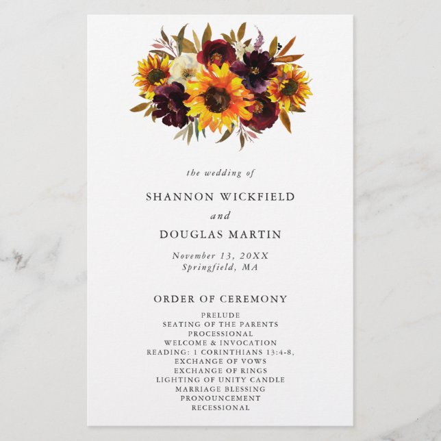 Rustic Fall Sunflower Budget Hochzeitsprogramm (Vorne)