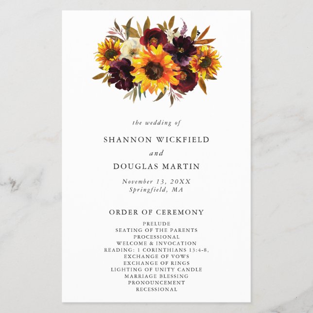 Rustic Fall Sunflower Budget Hochzeitsprogramm (Vorne)