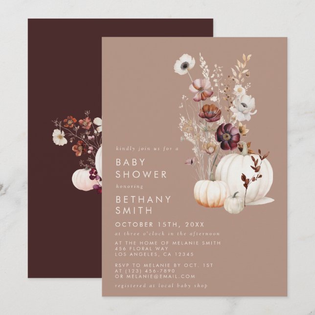 Rustic Fall Taupe Floral Pumpkin Baby Dusche Einladung (Vorne/Hinten)