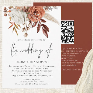 Rustic Fall Terracotta Florals QR Code Wedding Einladung