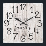 Rustic Falsch Wood Barn Farmhouse Custom Family Na Quadratische Wanduhr<br><div class="desc">In Rustic, einzigartig, one-of-a-kind personalized design feature a fälschung wood background with and the words, "The ANDERSON family ist. 20XX" in black typography. Personalize this clock by adding your own personal information. Makes a great wedding, anniversary, or housewarming gift. Click "personalize this template" to change the names and fonts to...</div>