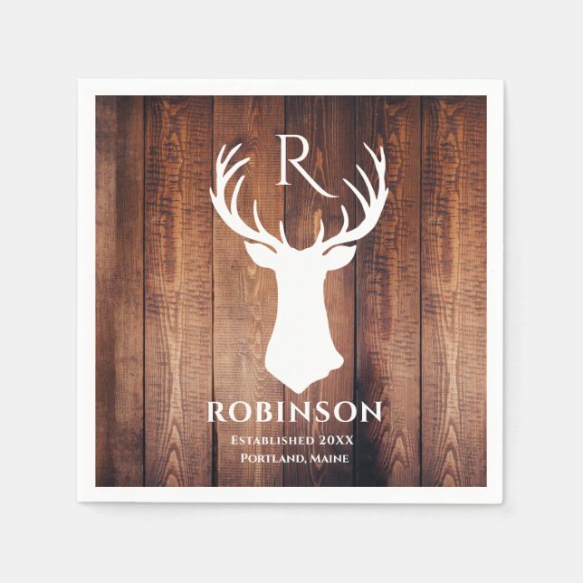 Rustic Family Monogram Name Wood Deer Antler Serviette (Vorderseite)