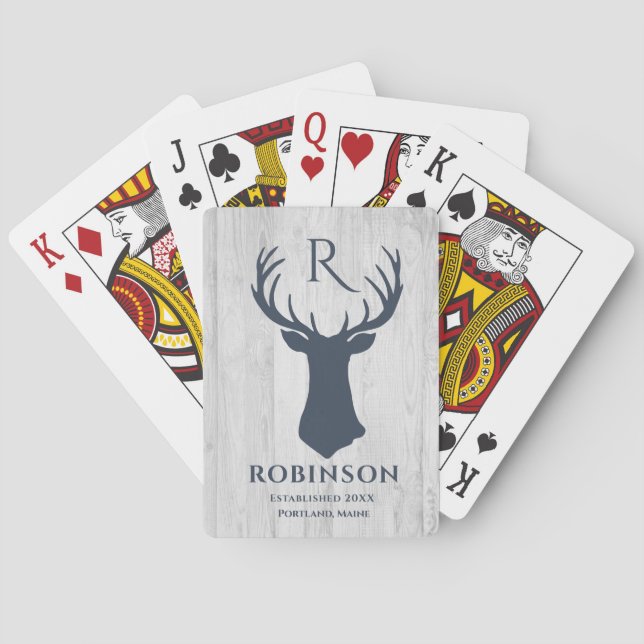 Rustic Family Monogram Wood Styled Deer Antler Pla Spielkarten (Rückseite)