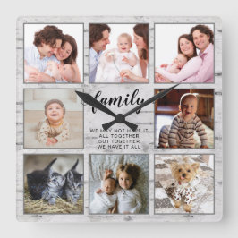 Rustic Family Personalized Photo Collage Quadratische Wanduhr