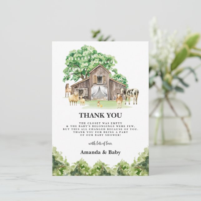 Rustic Farm Animal Baby Showroom Danke Karte (Stehend Vorderseite)