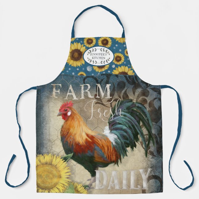 Rustic Farm Rooster Sunflowers Blue Kitchen Name A Schürze (Vorderseite)