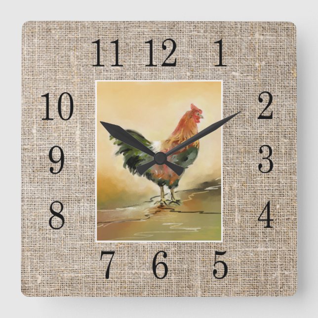 Rustic Farmhouse Country Rooster Burlap Quadratische Wanduhr (Vorderseite)